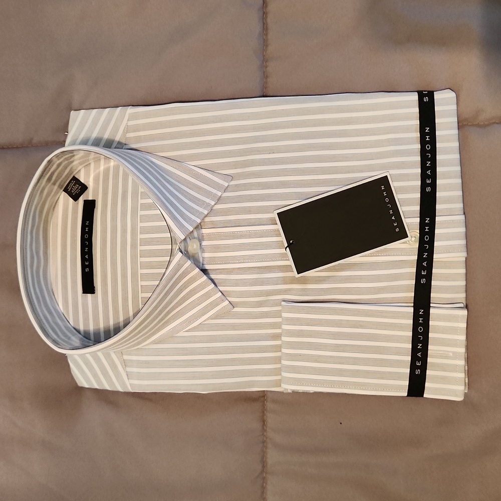 SeanJohn Dress Shirt men's long sleeve striped gray/white/blue  size 17